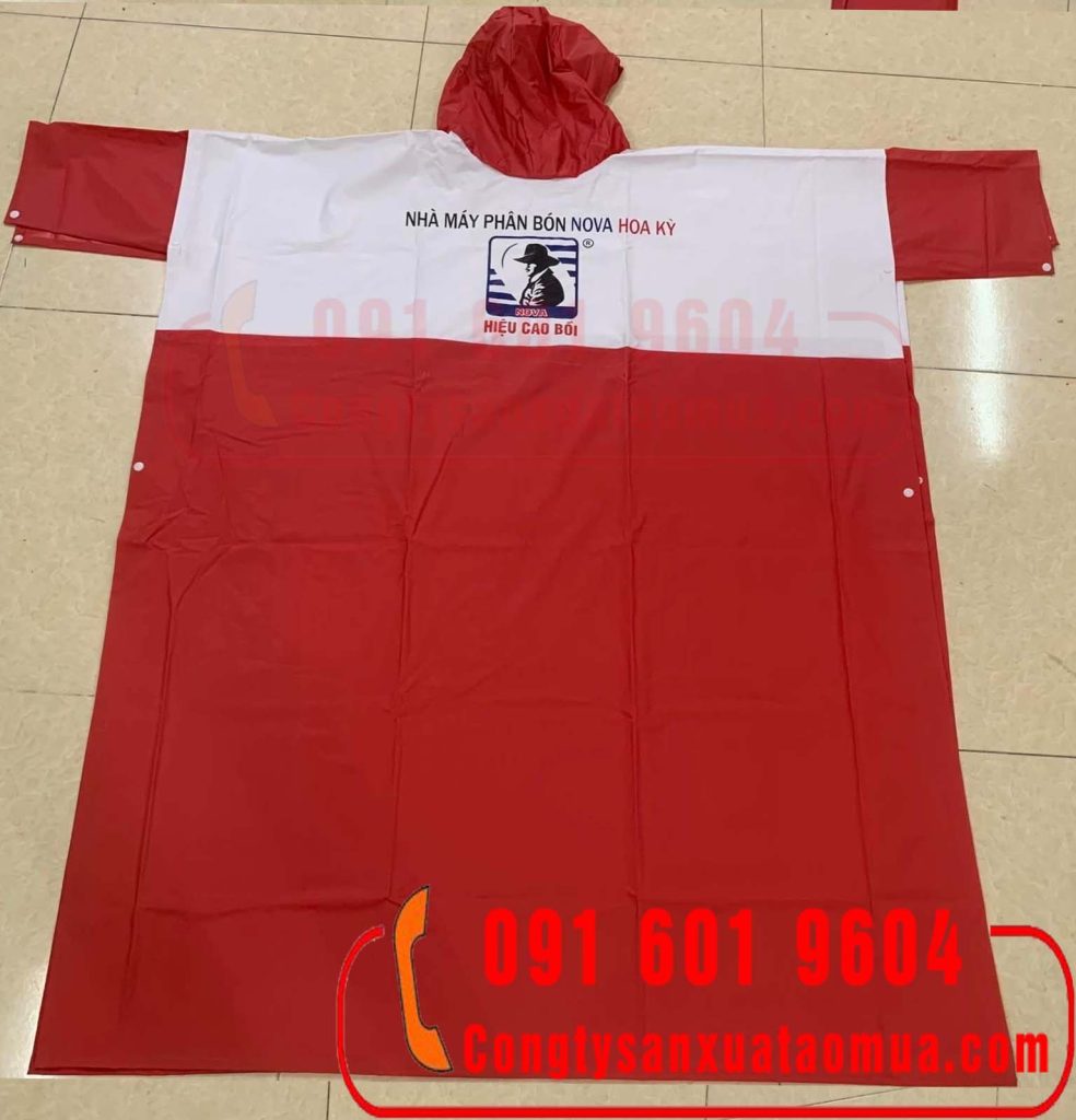Sản xuất áo mưa cài cạnh chữ T nhựa PVC đỏ phối trắng