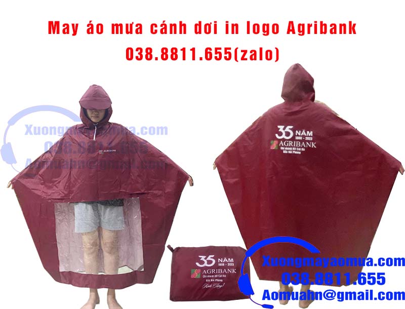 Xưởng chuyên may áo mưa cánh dơi màu đỏ đô in logo thương hiệu Agribank